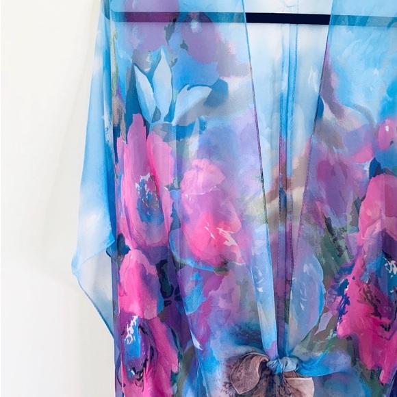 Pink and Blue Floral Kimono Bathing Suit Cover Up Shawl - Picture 2 of 3